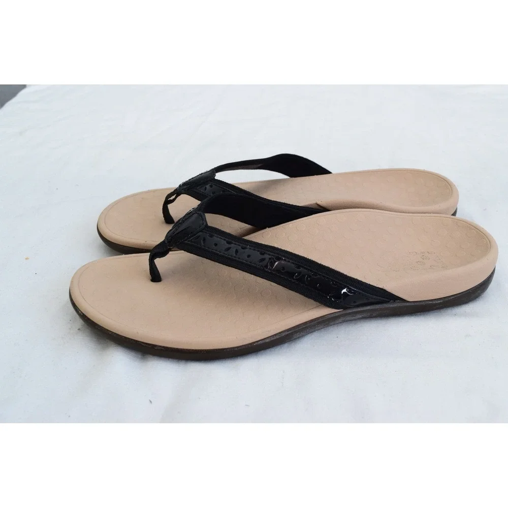 Vionic Casandra Flip Flop 11 Black Patent Leather Orthotic Sandal Womens TVW5542